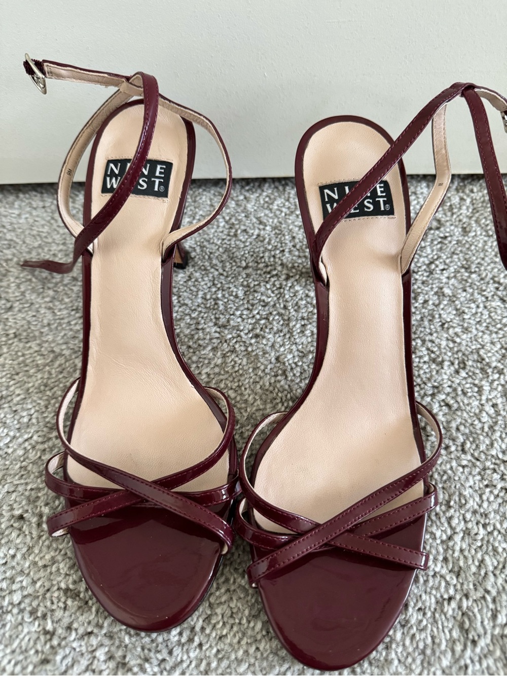 Nine West Wine Patent Strappy Ankle-Heel Sandals